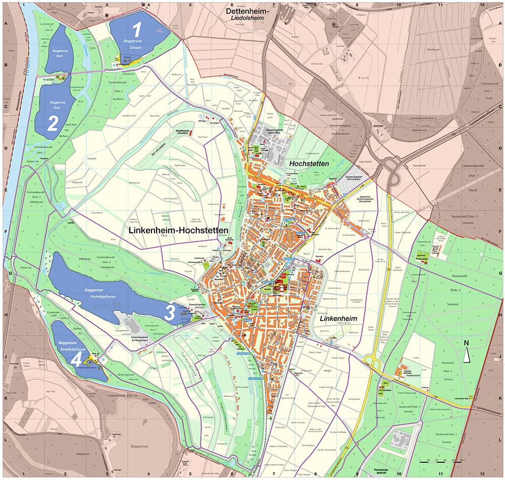 Die Karte von Linkenheim-Hochstetten mit den eingezeichneten Baggerseen