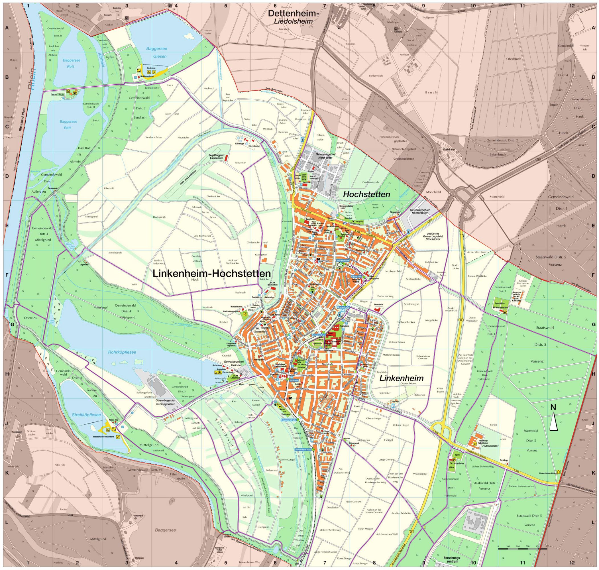 Ortsplan von Linkenheim-Hochstetten mit Germarkungsgrenzen