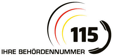 Logo der 115-Behördennummer zeigt eine 115 mit einem Telefonhörer und 3 Linien in schwarz, rot und gold