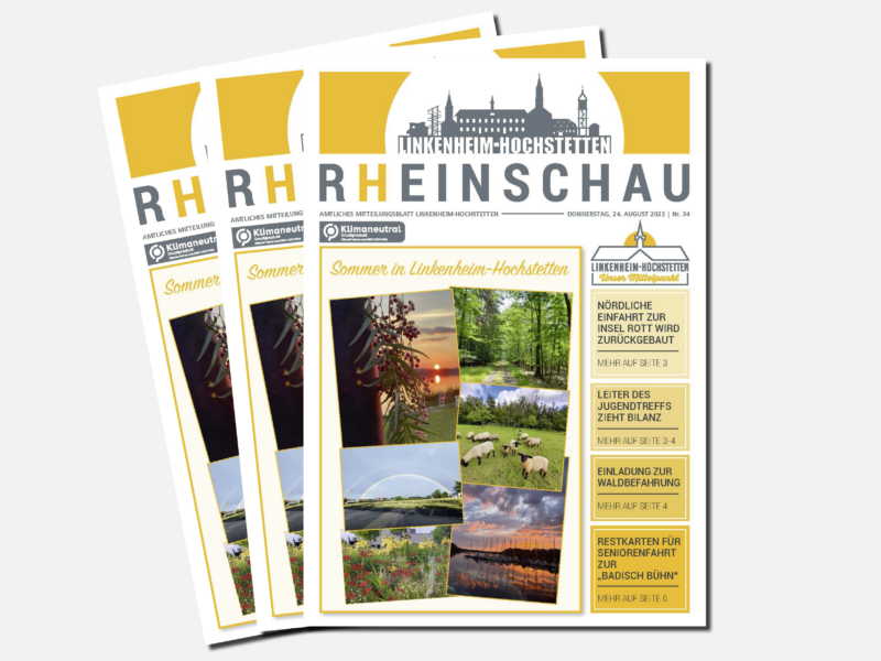 Titelbild der Rheinschau, dem amtilichen MItteilungsblatt von Linkenheim-Hochstetten, mit der grau gehaltenen Skyline von Linkenheim-Hochstetten in einem weißen Kreis auf gelbem Hintergrund.