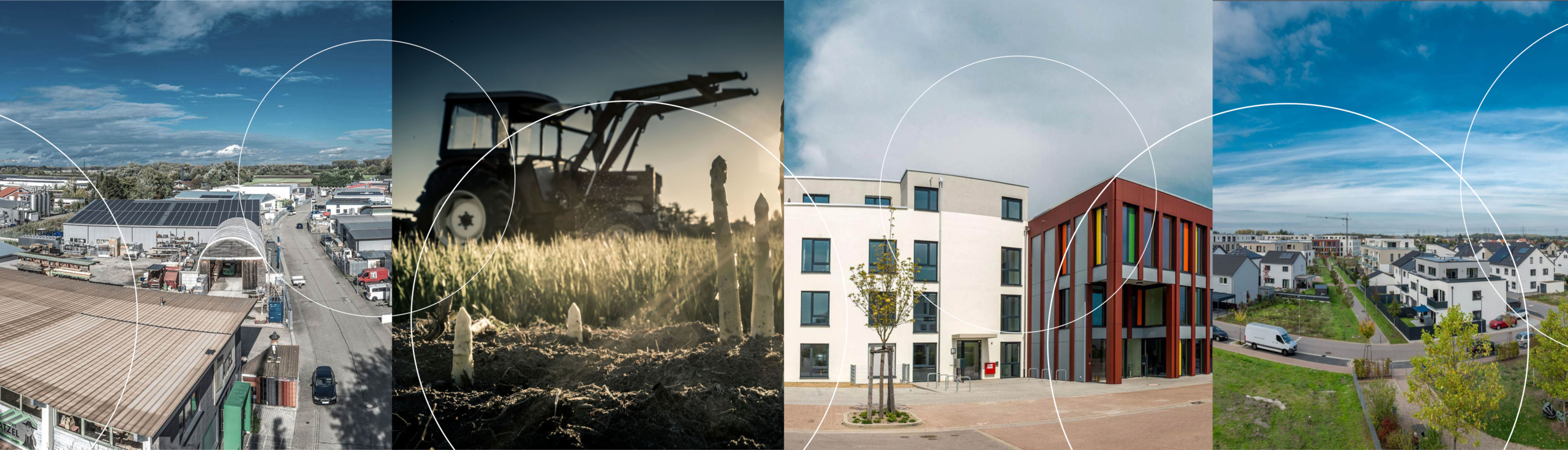 Bildcollage mit Bilder von Gebäuden eines Gewerbegebiets, einem Traktor auf einem Spargelfeld, einem Gebäude einer Pflegeeinrichtung sowie einem Neubaugebiets